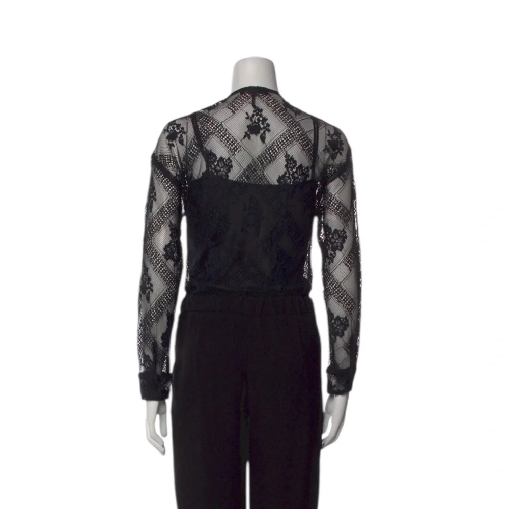 Maje Black Lace Jumpsuit with Sheer Sleeves xs straight leg cropped fairycore - Picture 5 of 7